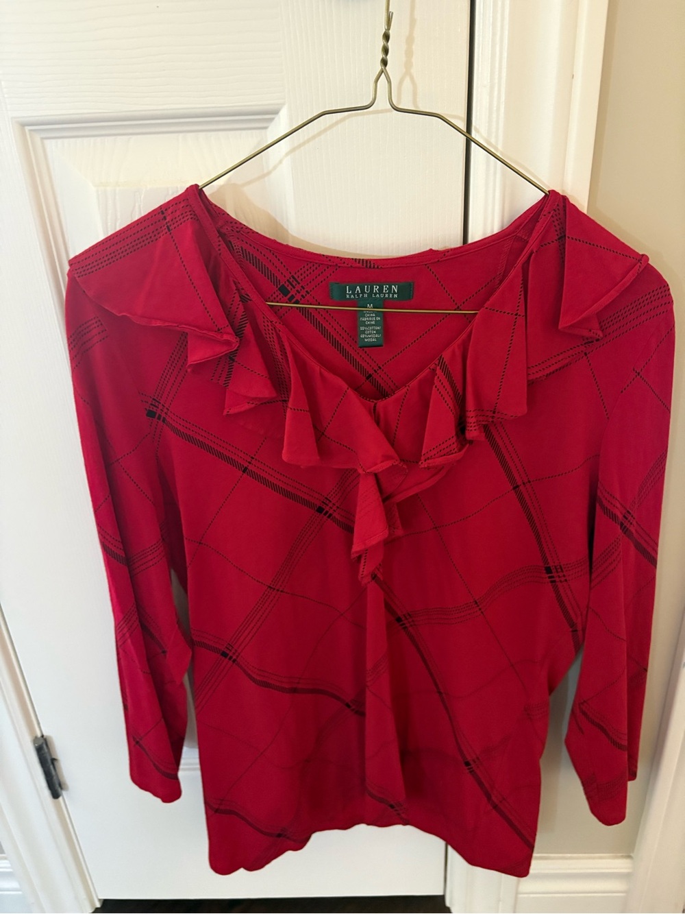 Lauren Ralph Lauren Red Ruffle V-Neck Long Sleeve Top